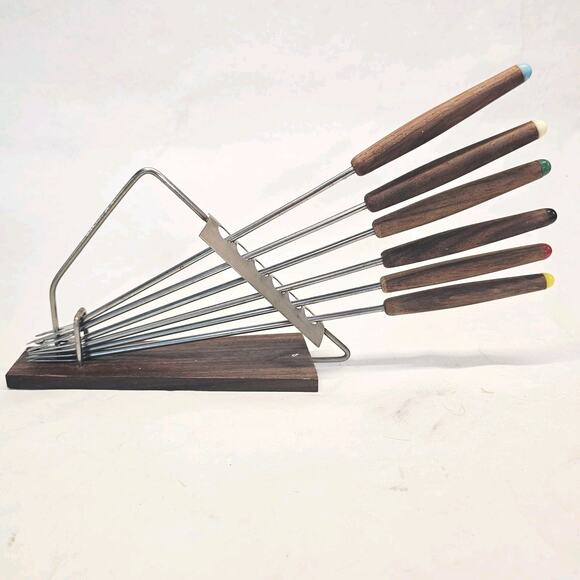Mid-century Fondue Skewers Forks With Holder wood Handles & Base Retro Japan MCM - Picture 10 of 10